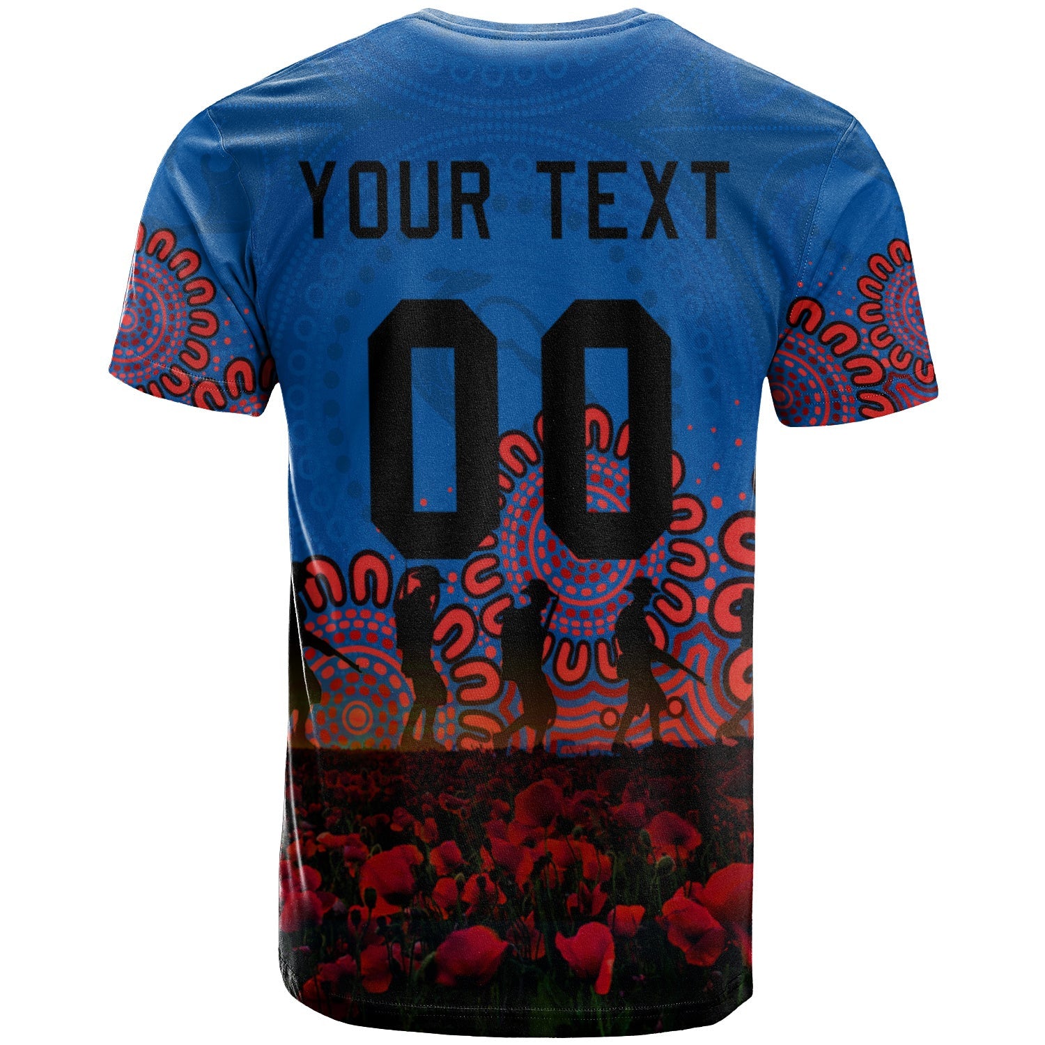 newcastle-knights-t-shirt-personalized-aboriginal-rugby-anzac-day-poppy-with-soldiers-nrl