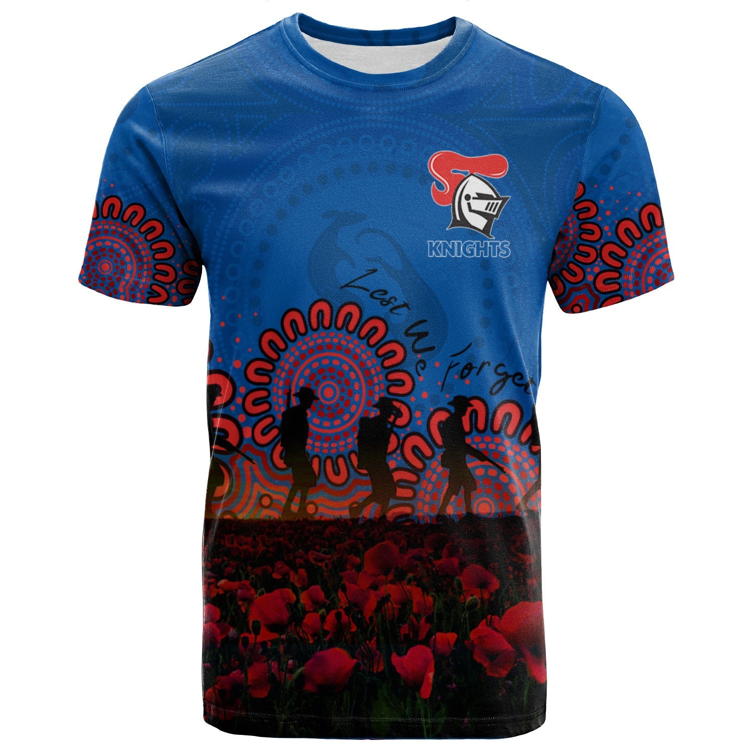newcastle-knights-t-shirt-personalized-aboriginal-rugby-anzac-day-poppy-with-soldiers-nrl