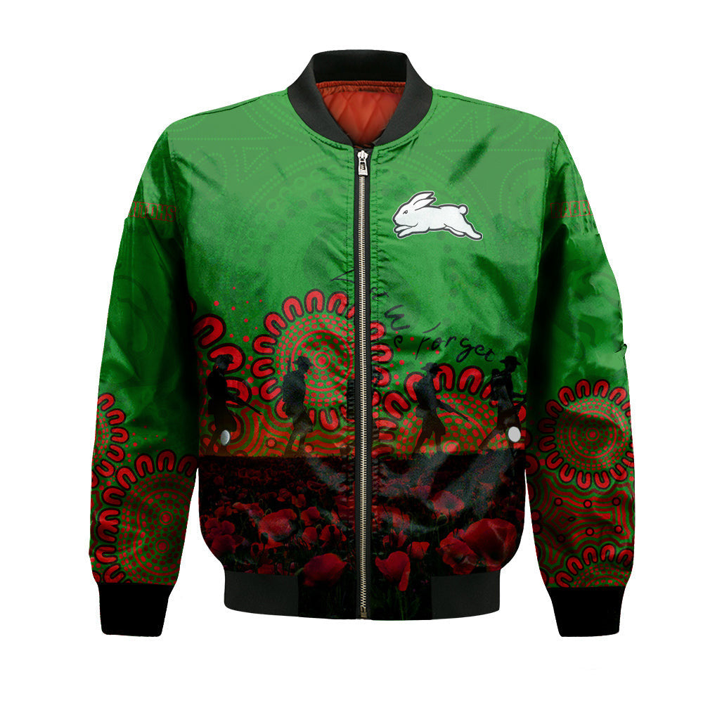 south-sydney-rabbitohs-bomber-jacket-personalized-aboriginal-rugby-anzac-day-poppy-with-soldiers-nrl