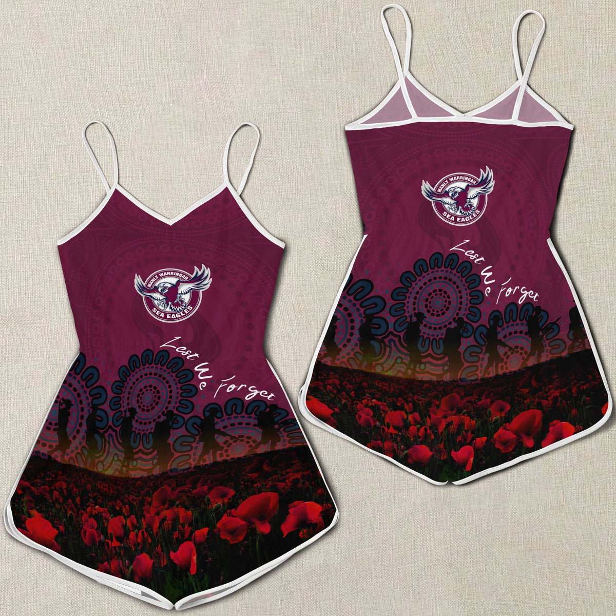 manly-warringah-sea-eagles-women-rompers-personalized-aboriginal-rugby-anzac-day-poppy-with-soldiers-nrl