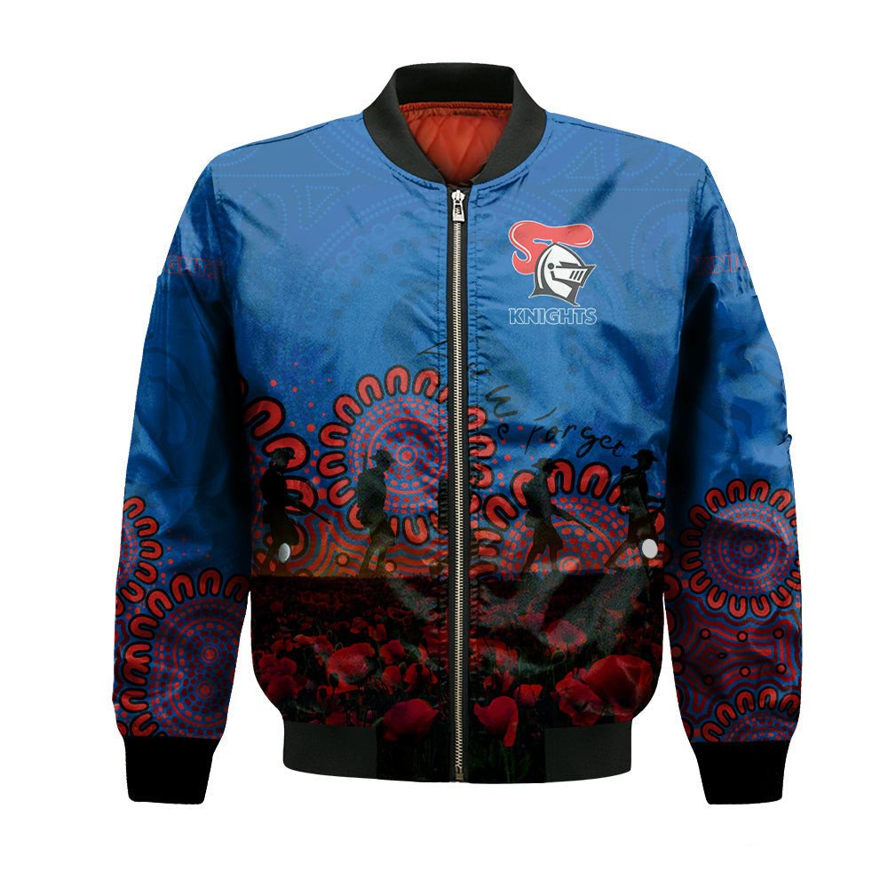 newcastle-knights-bomber-jacket-personalized-aboriginal-rugby-anzac-day-poppy-with-soldiers-nrl