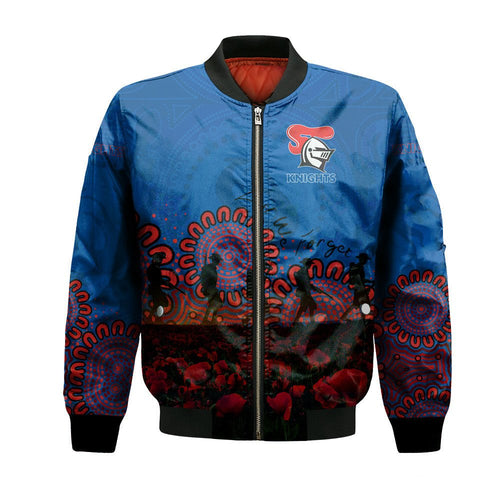 newcastle-knights-bomber-jacket-personalized-aboriginal-rugby-anzac-day-poppy-with-soldiers-nrl