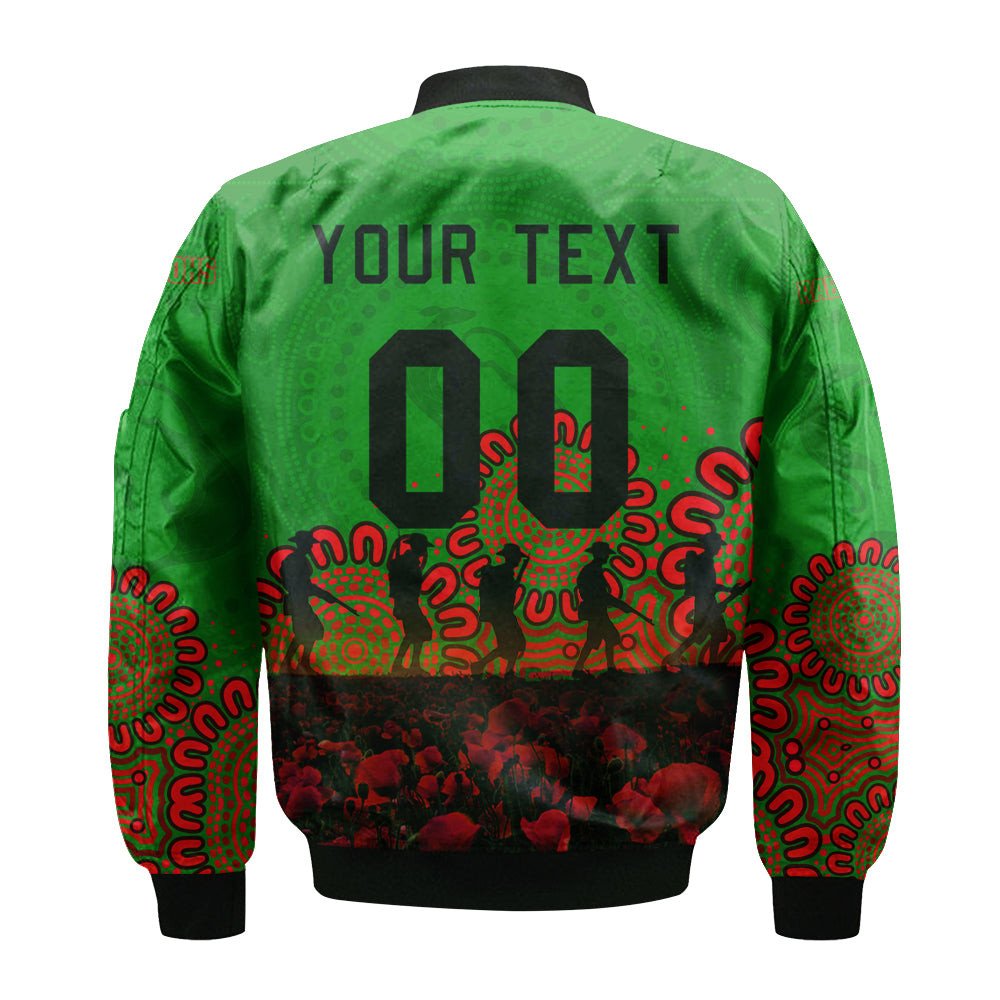 south-sydney-rabbitohs-bomber-jacket-personalized-aboriginal-rugby-anzac-day-poppy-with-soldiers-nrl