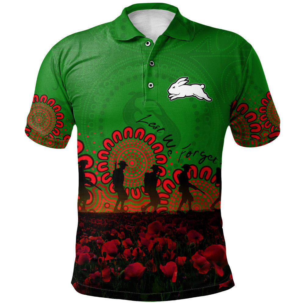 south-sydney-rabbitohs-polo-shirt-personalized-aboriginal-rugby-anzac-day-poppy-with-soldiers-nrl