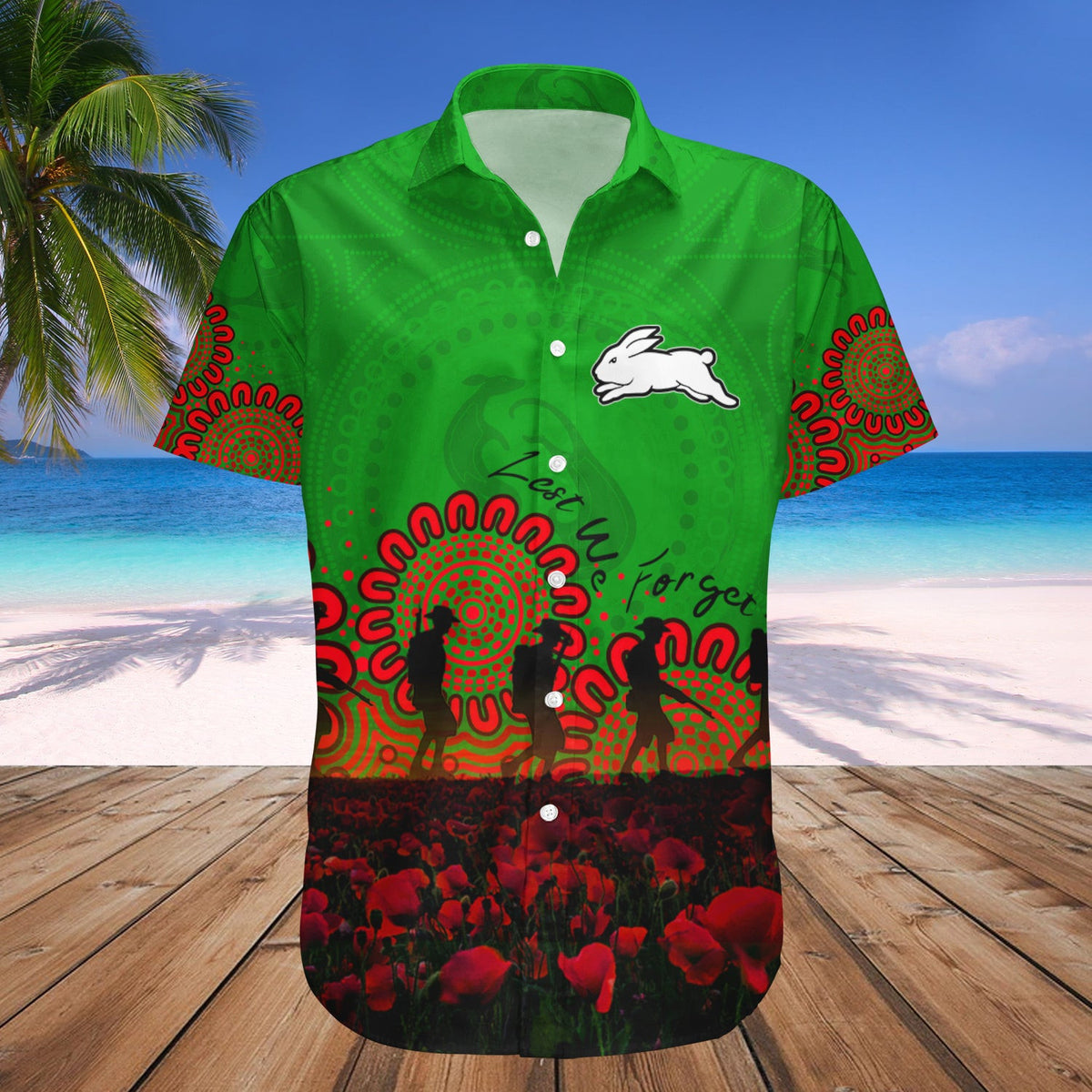 south-sydney-rabbitohs-hawaii-shirt-personalized-aboriginal-rugby-anzac-day-poppy-with-soldiers-nrl
