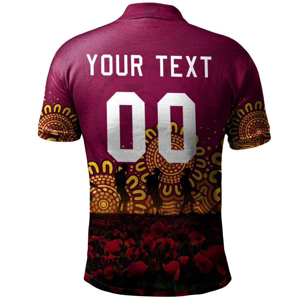 brisbane-broncos-polo-shirt-personalized-aboriginal-rugby-anzac-day-poppy-with-soldiers-nrl