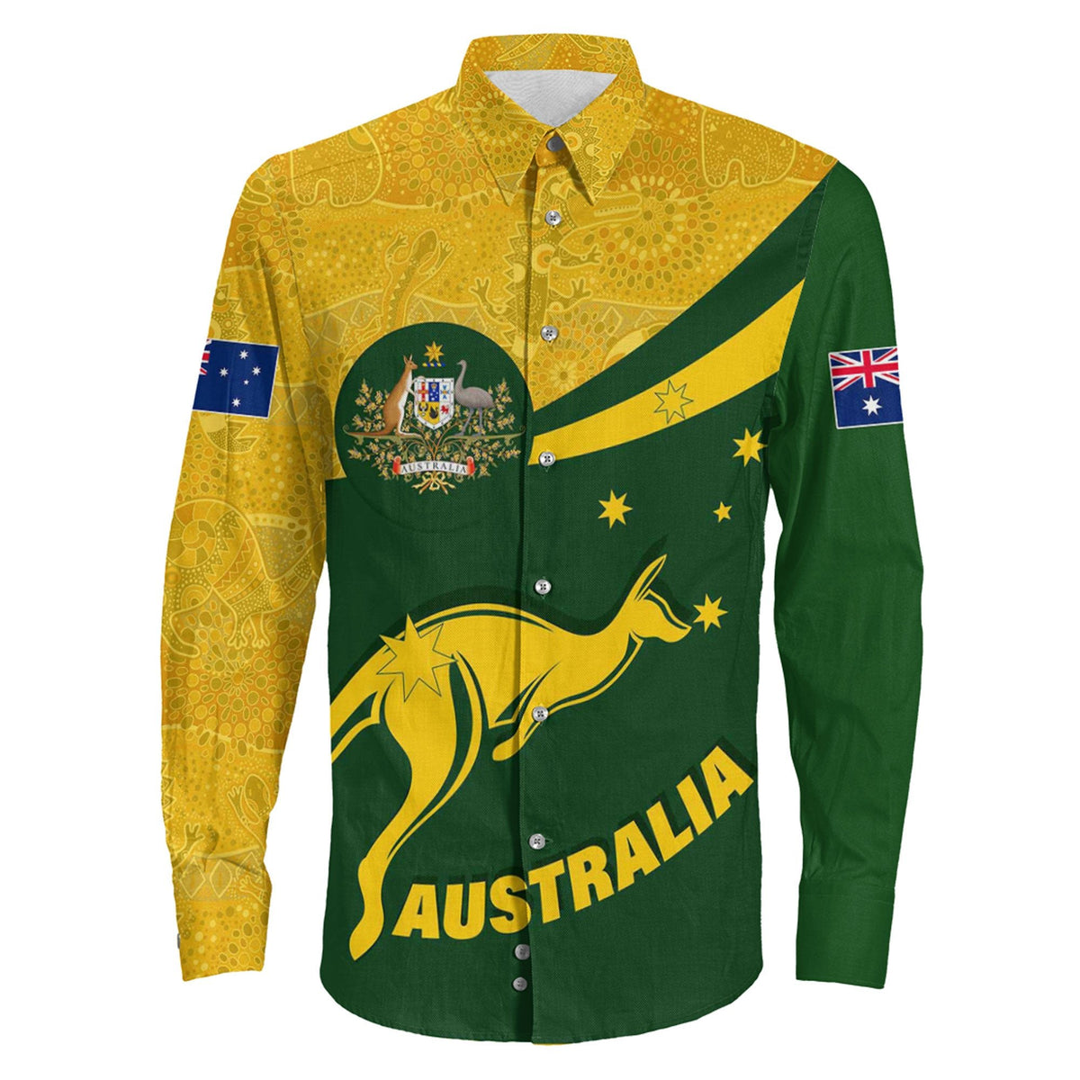 vibe-hoodie-clothing-australia-coat-of-arms-active-sport-pattern-gold-long-sleeve-button-shirt