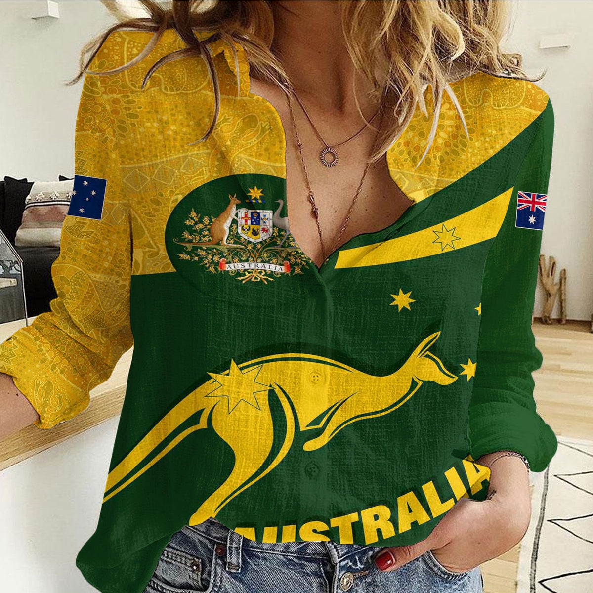 vibe-hoodie-clothing-australia-coat-of-arms-active-sport-pattern-gold-women-casual-shirt