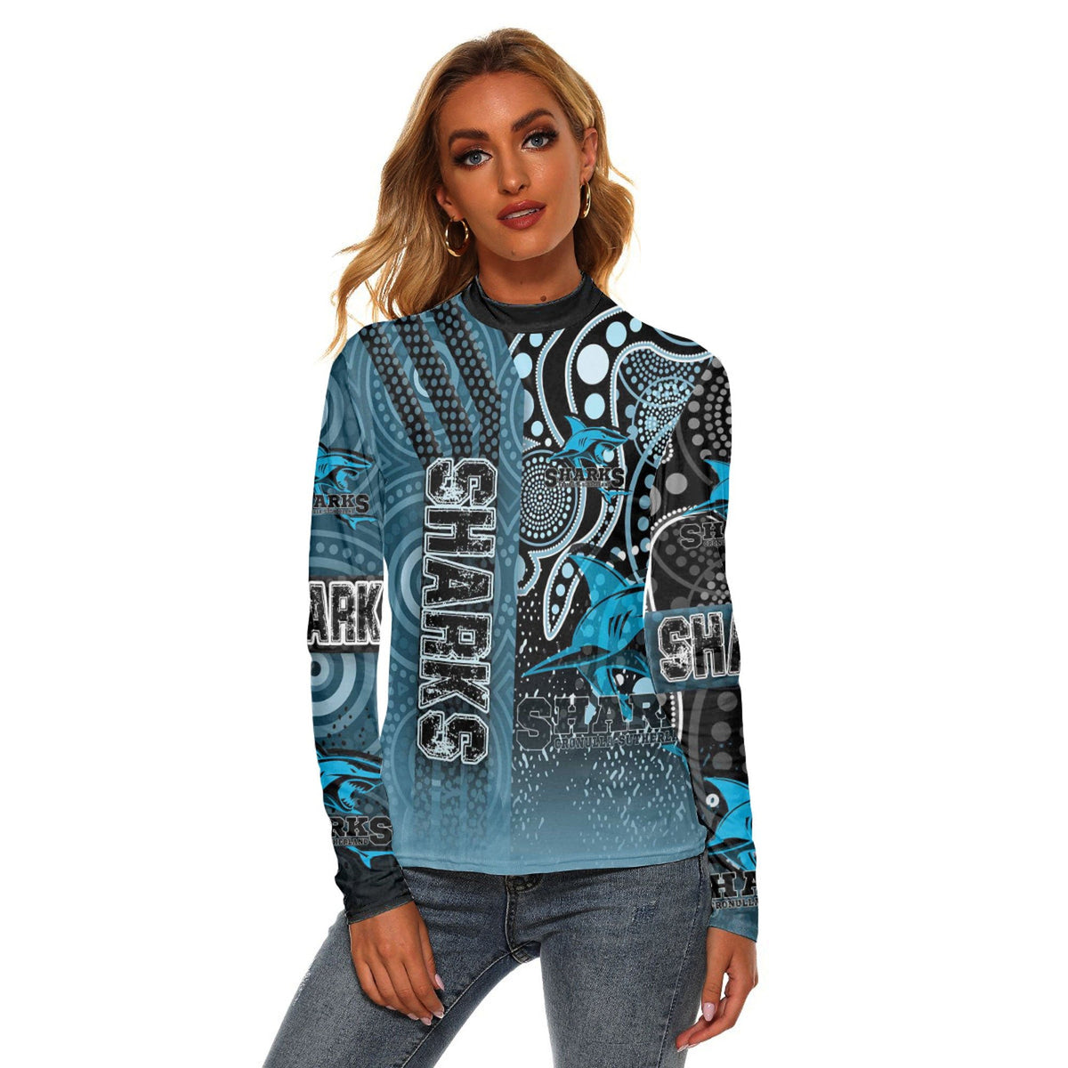 vibe-hoodie-clothing-cronulla-sutherland-sharks-sporty-style-womens-stretchable-turtleneck-top
