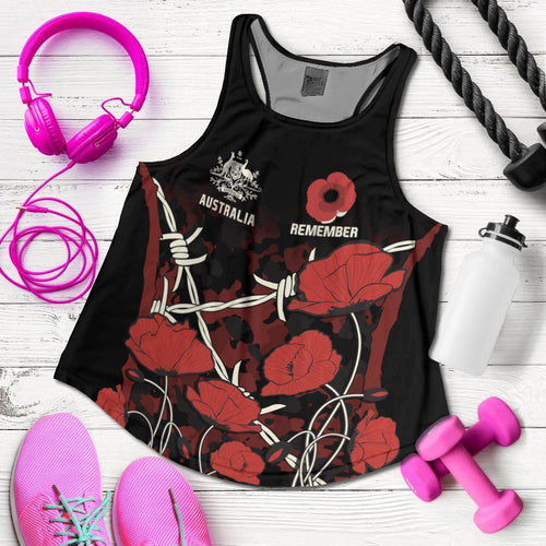 Anzac Women's Racerback Tank - Anzac with Remembrance Poppy Flower - Vibe Hoodie