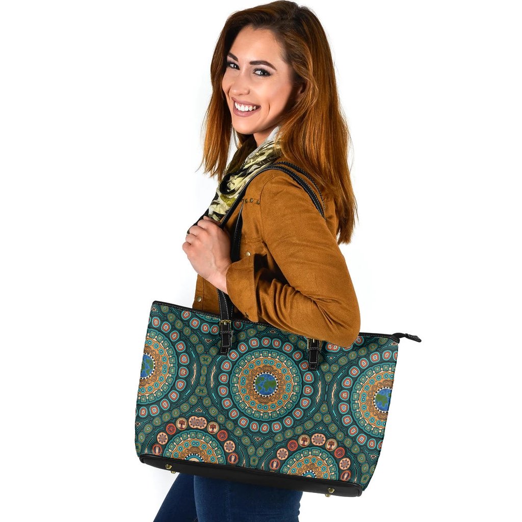 large-leather-totes-aboriginal-green-dot-painting-with-earth