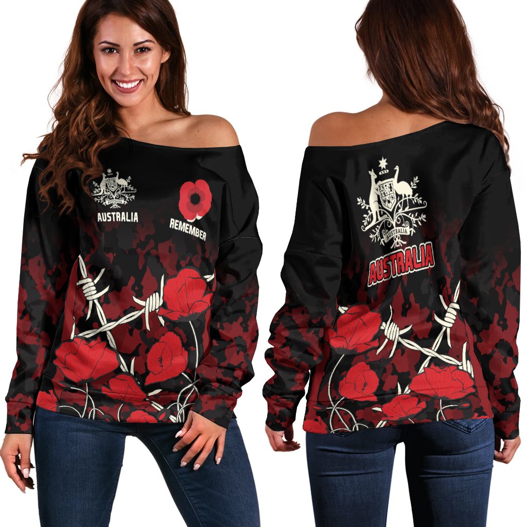 Anzac Off Shoulder Sweater - Anzac with Remembrance Poppy Flower - Vibe Hoodie