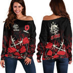 Anzac Off Shoulder Sweater - Anzac with Remembrance Poppy Flower - Vibe Hoodie