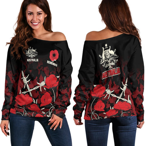 Anzac Off Shoulder Sweater - Anzac with Remembrance Poppy Flower - Vibe Hoodie