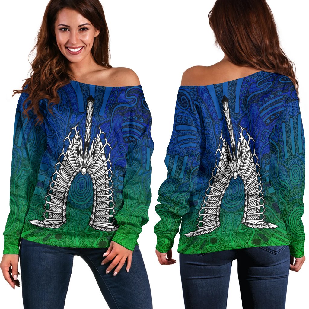 Torres Strait Islander Women's Off Shoulder Sweater - Dhari Mask - Vibe Hoodie