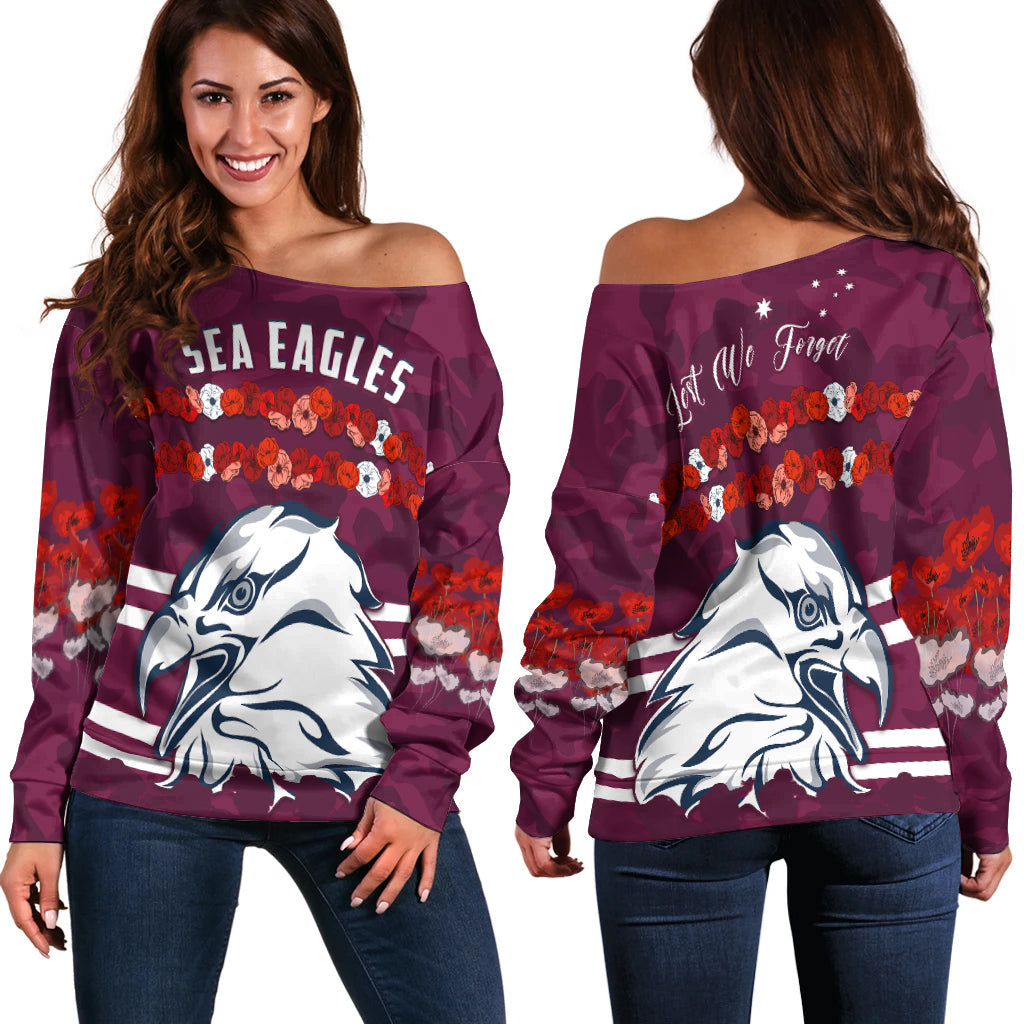 Sea Eagles Anzac Day Women Off Shoulder Sweater Poppy Lest We Forget LT13