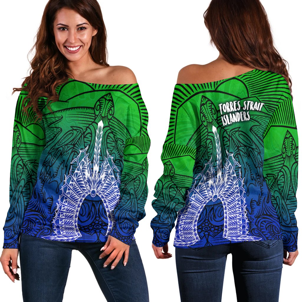 Torres Strait Islanders Women's Off Shoulder Sweater - Turtle and Dhari Mask - Vibe Hoodie