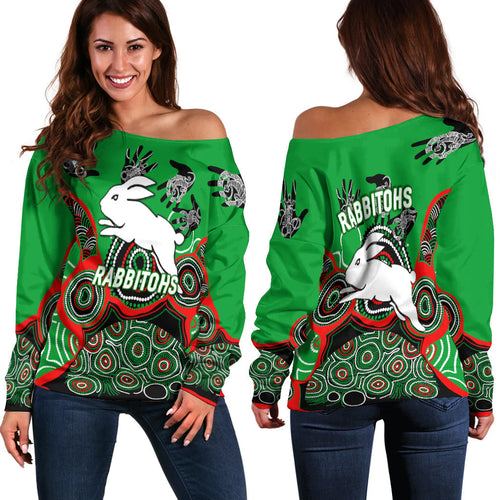 Rabbitohs Rugby Aboriginal Art Women Off Shoulder Sweater - LT12