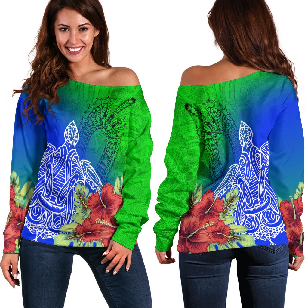 Torres Strait Islanders Off Shoulder Sweater - Ocean Hibiscus - Vibe Hoodie