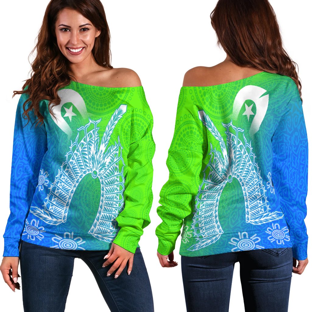 Torres Strait Islander Women's Off Shoulder Sweater - Dhari Mask Ocean Style - Vibe Hoodie