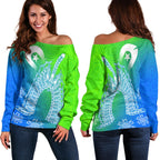 Torres Strait Islander Women's Off Shoulder Sweater - Dhari Mask Ocean Style - Vibe Hoodie