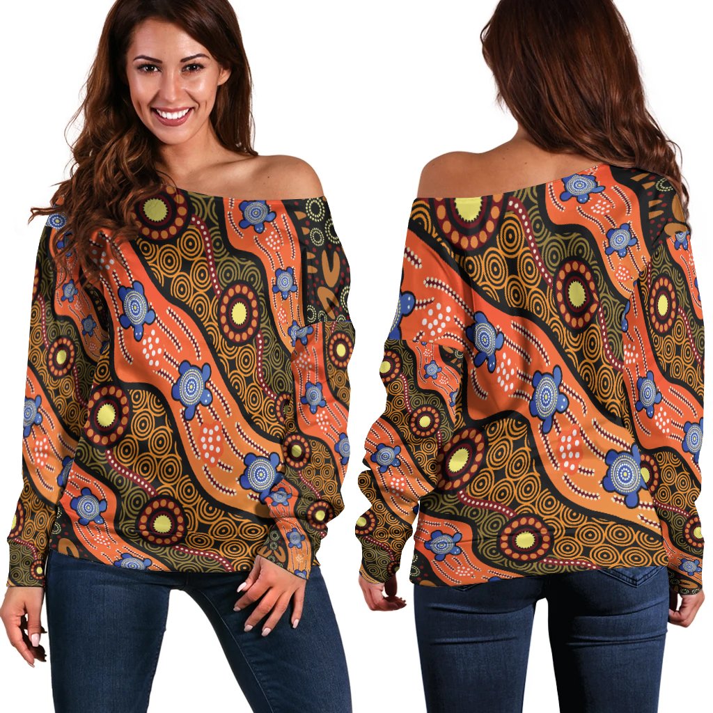 Off Shoulder Sweater - Aboriginal Dot Unique Style Turtle - Vibe Hoodie