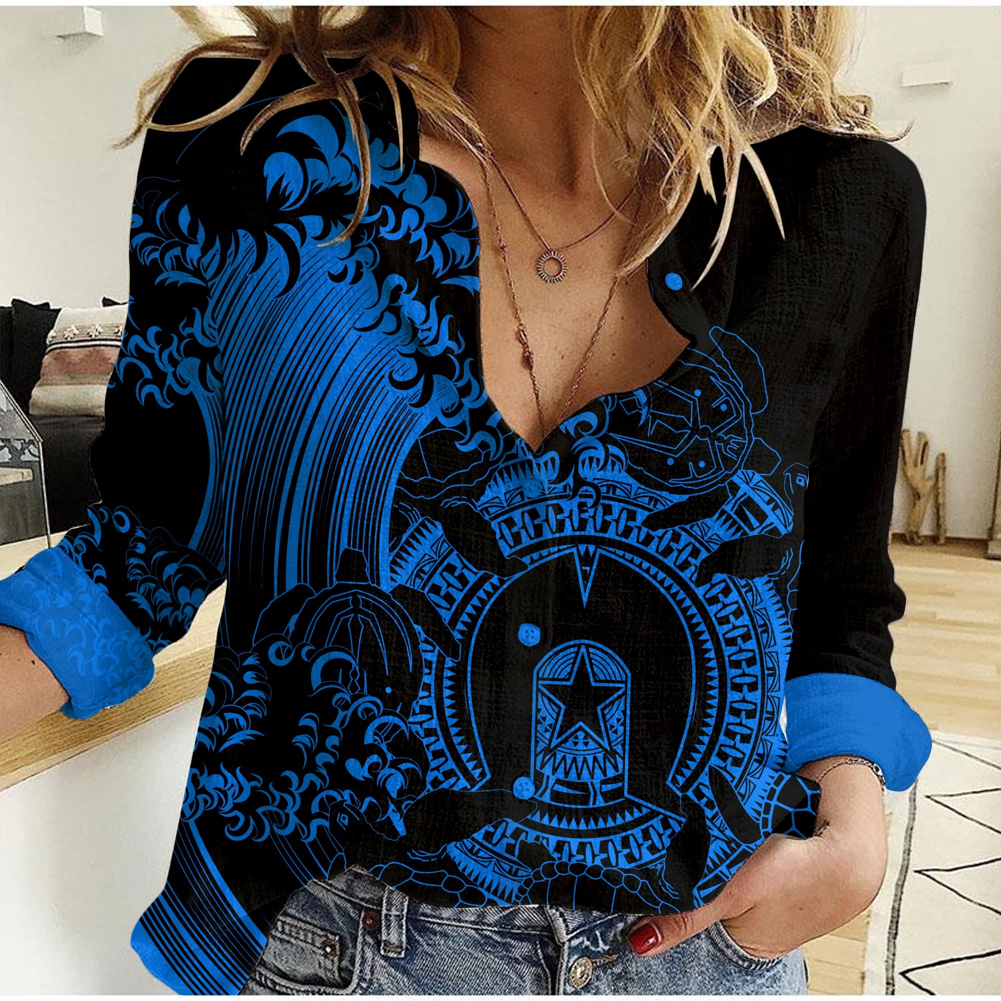 custom-personalised-aboriginal-torres-strait-islands-in-wave-blue-women-casual-shirt