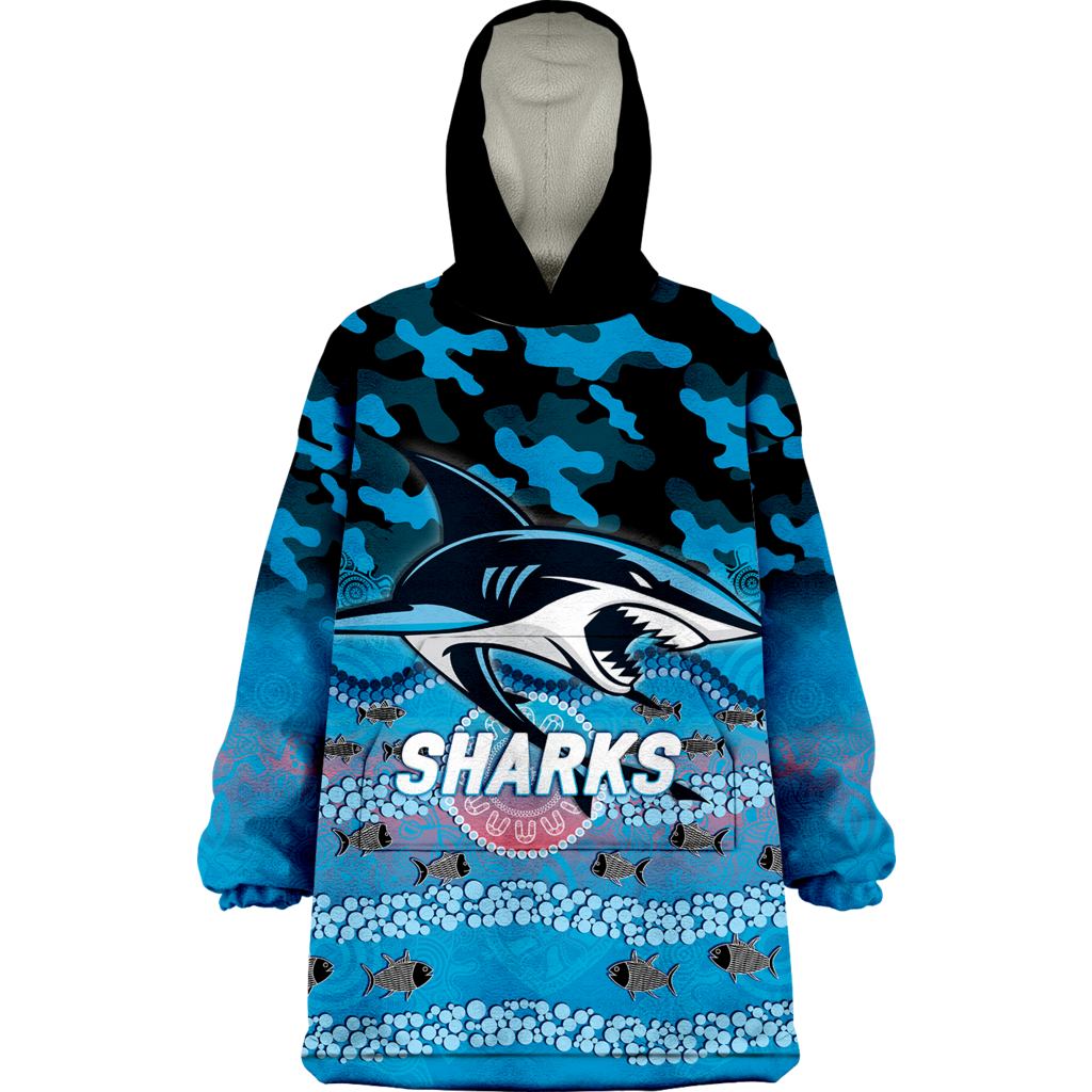 (Custom Personalised ) Sharks Rugby ANZAC Day Camouflage Indigenous Art Wearable Blanket Hoodie - LT12