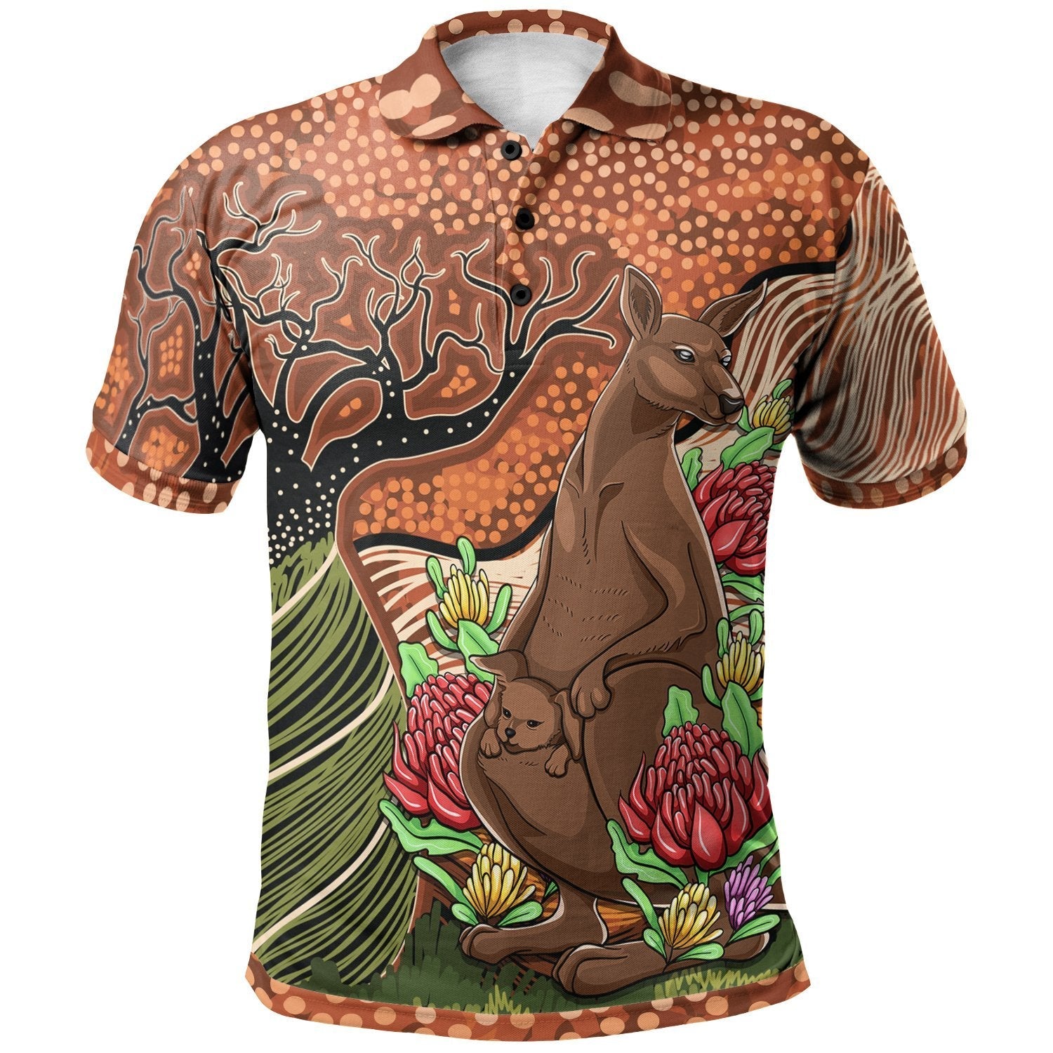 aussie-aboriginal-polo-shirt-kangaroo-with-indigenous-tree