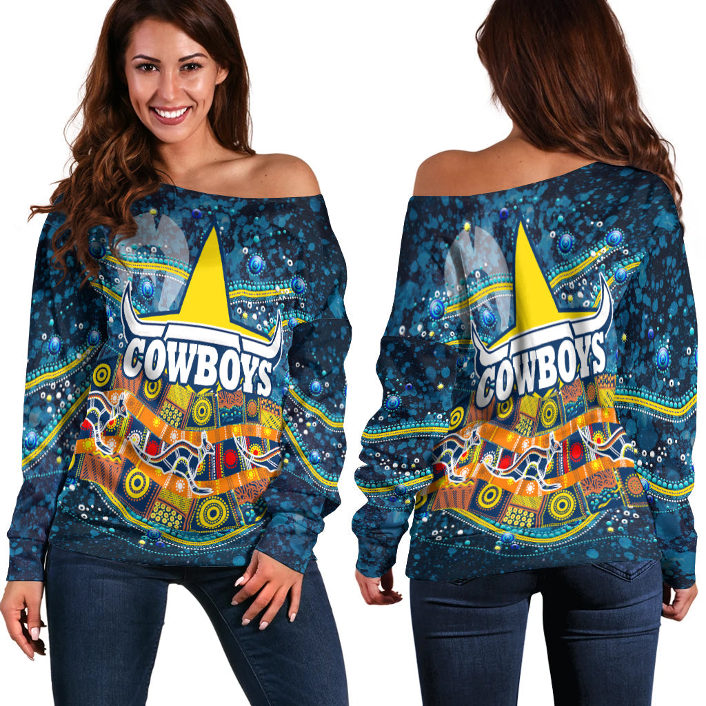 NAIDOC Week Cowboys Women's Off Shoulder Sweater - Aboriginal Dot Painting - LT12 - Vibe Hoodie