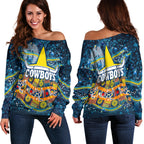 NAIDOC Week Cowboys Women's Off Shoulder Sweater - Aboriginal Dot Painting - LT12 - Vibe Hoodie