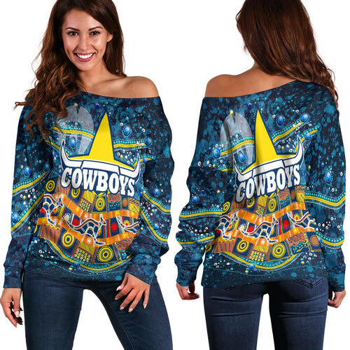 NAIDOC Week Cowboys Women's Off Shoulder Sweater - Aboriginal Dot Painting - LT12 - Vibe Hoodie