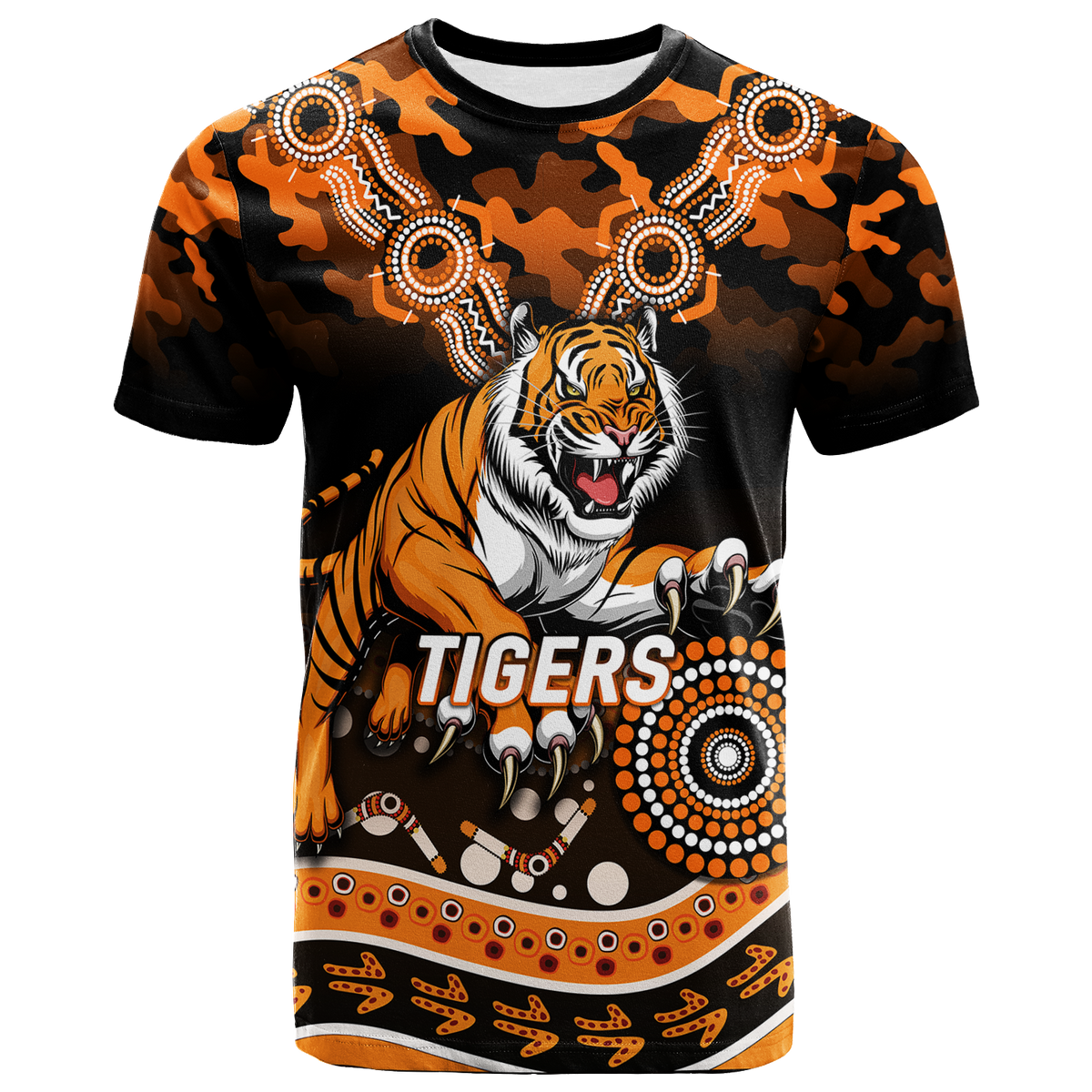(Custom Personalised) Tigers Rugby ANZAC Day Camouflage Indigenous Art T-Shirt - LT12