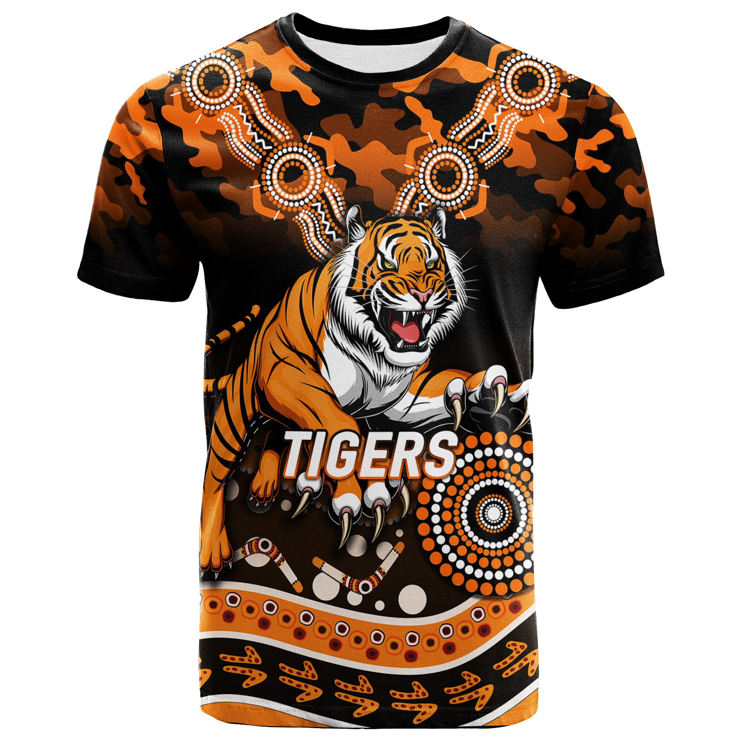 (Custom Personalised) Tigers Rugby ANZAC Day Camouflage Indigenous Art T-Shirt - LT12