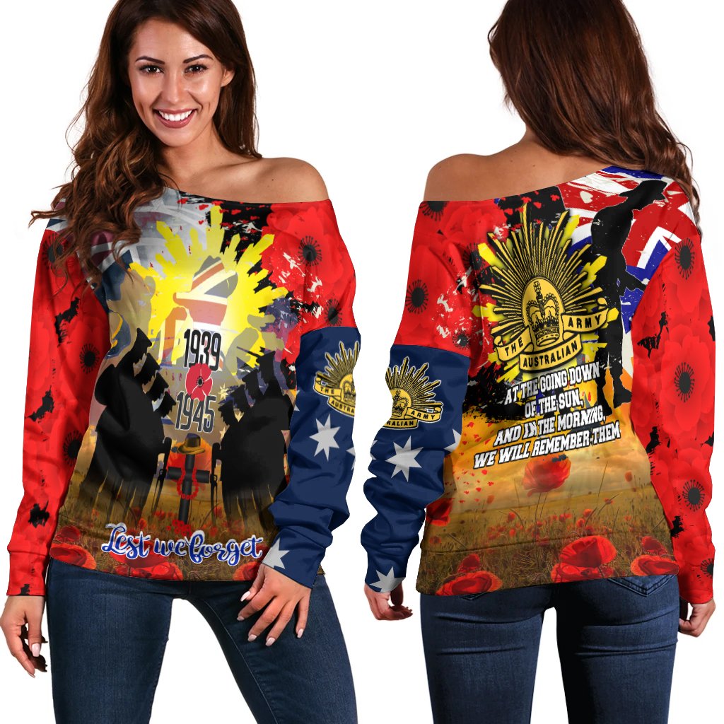 Off Shoulder Sweater - Anzac Day 2021 World War II Commemoration 1939 - 1945 - Vibe Hoodie