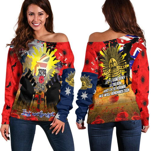Off Shoulder Sweater - Anzac Day 2021 World War II Commemoration 1939 - 1945 - Vibe Hoodie
