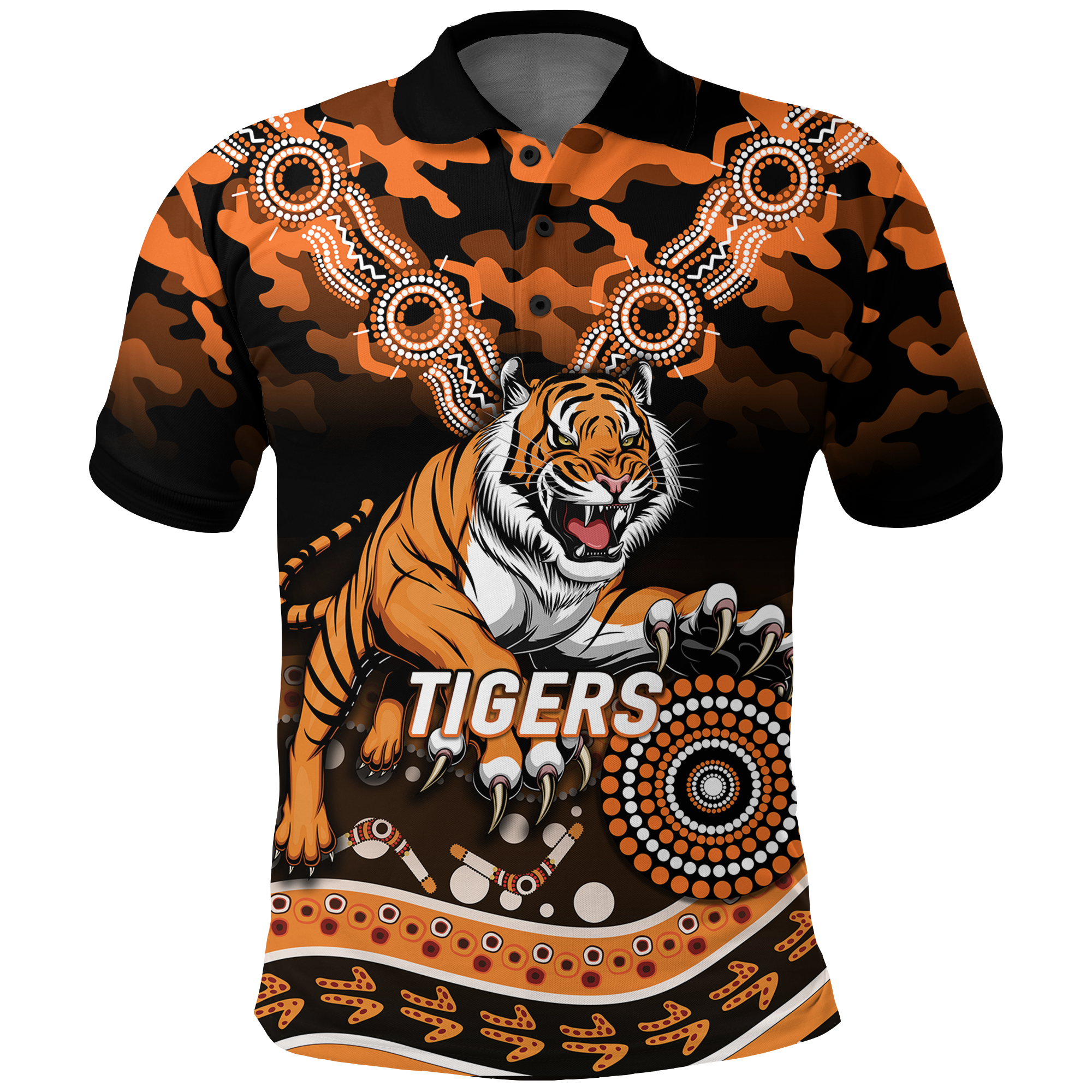 Tigers Rugby ANZAC Day Camouflage Indigenous Art Polo Shirt - LT12