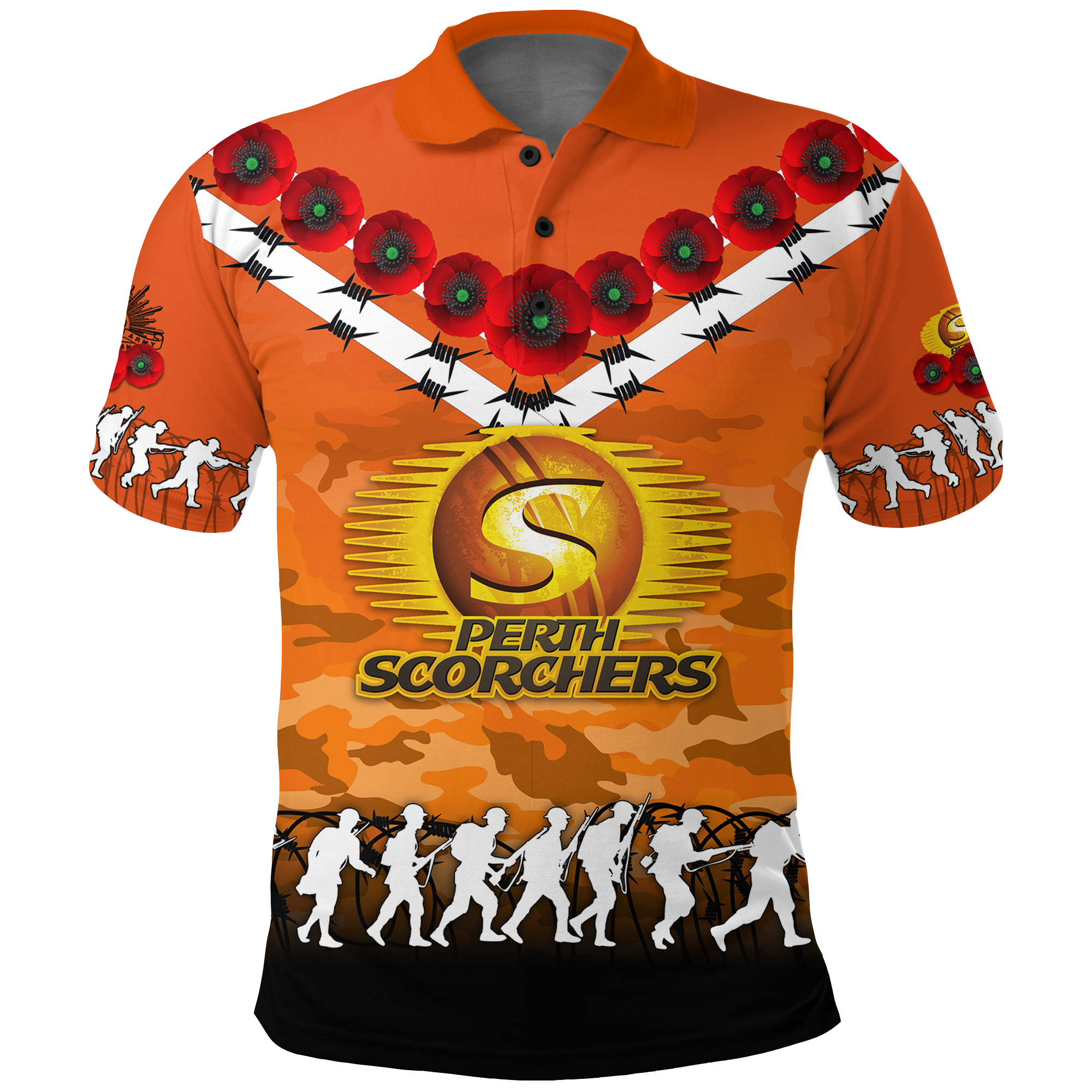 custom-personalised-perth-scorchers-anzac-2022-polo-shirt-camouflage-with-poppy