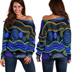 Off Shoulder Sweater - Aboriginal Dot Unique Style Blue - Vibe Hoodie