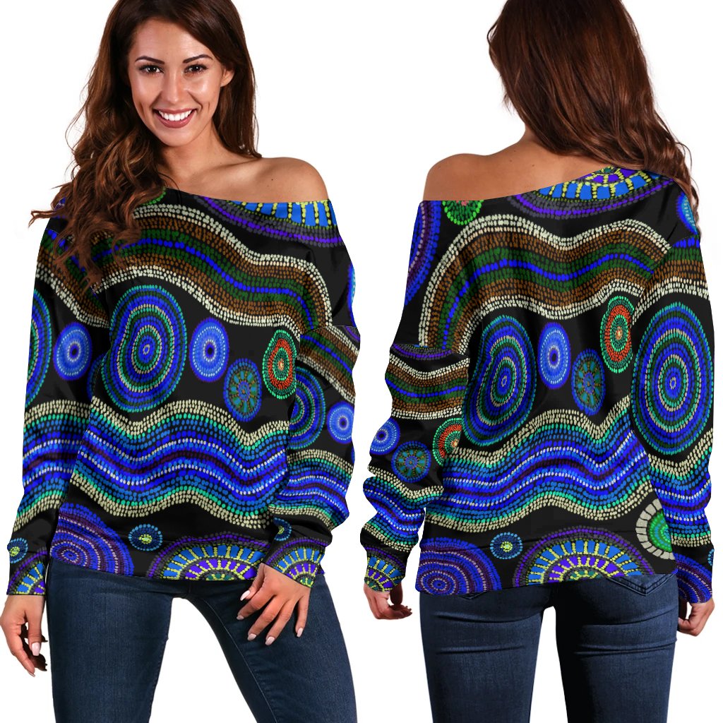 Off Shoulder Sweater - Aboriginal Dot Unique Style Blue - Vibe Hoodie