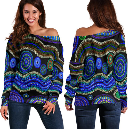 Off Shoulder Sweater - Aboriginal Dot Unique Style Blue - Vibe Hoodie