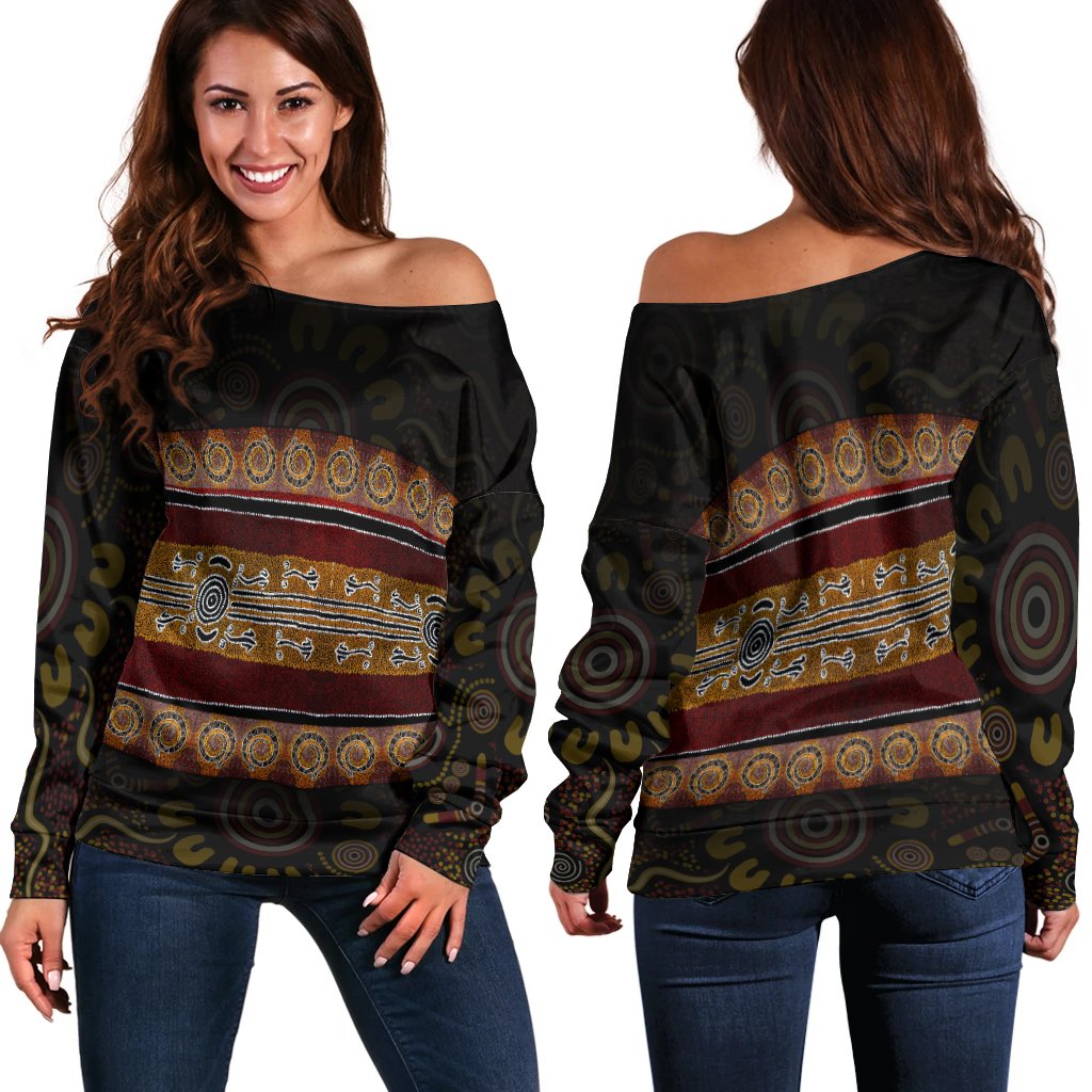 Off Shoulder -  Aboriginal Dot Panting Art Horizontal Lines - Vibe Hoodie