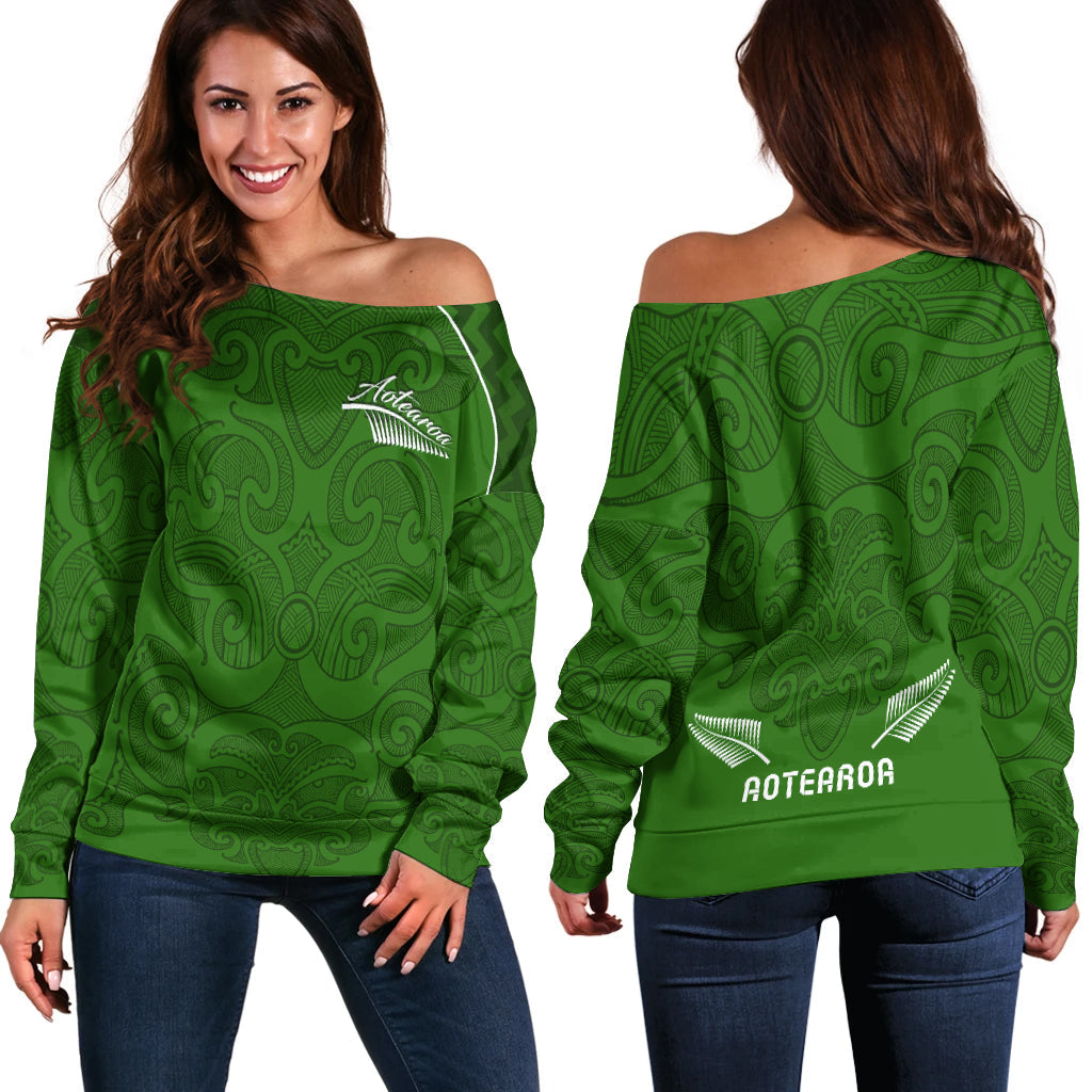 Maori 2021 Off Shoulder Sweater - Green Aotearoa Tattoo LT13 - Vibe Hoodie