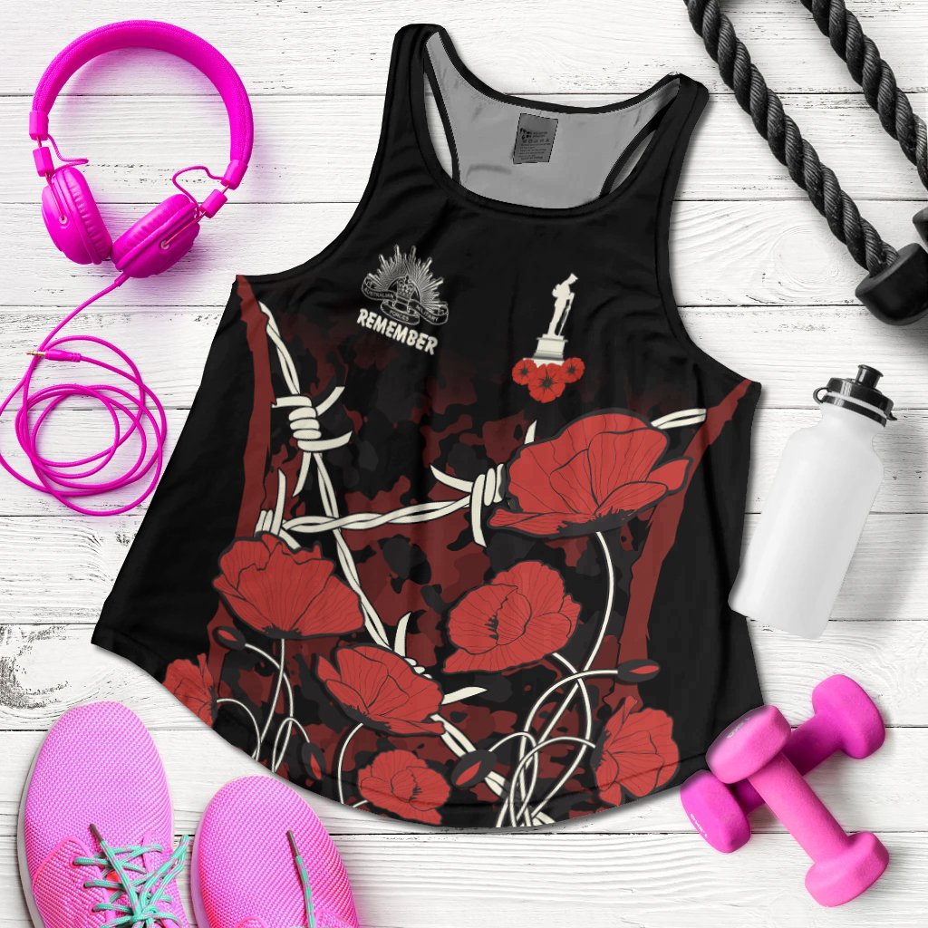 Anzac Women's Racerback Tank - Anzac with Remembrance Poppy Flower Ver2 - Vibe Hoodie