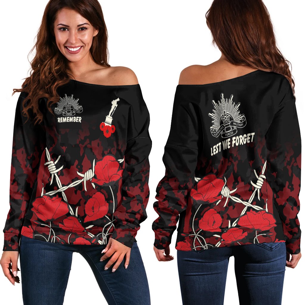 Anzac Off Shoulder Sweater - Anzac with Remembrance Poppy Flower Ver2 - Vibe Hoodie