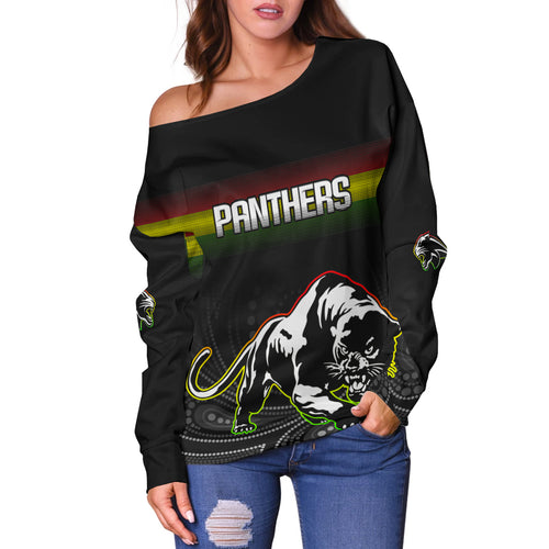 (Custom Personalised) Black Panthers Rugby League Aboriginal Women Off Shoulder Sweater - LT2