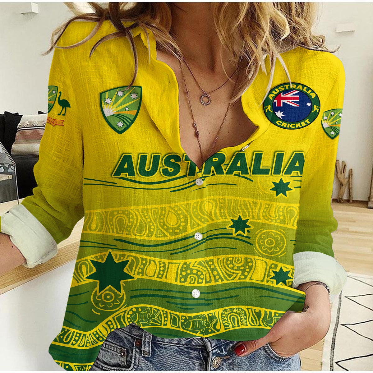 (Custom Personalised) Australian Cricket - National Color Aboriginal Art Women Casual Shirt