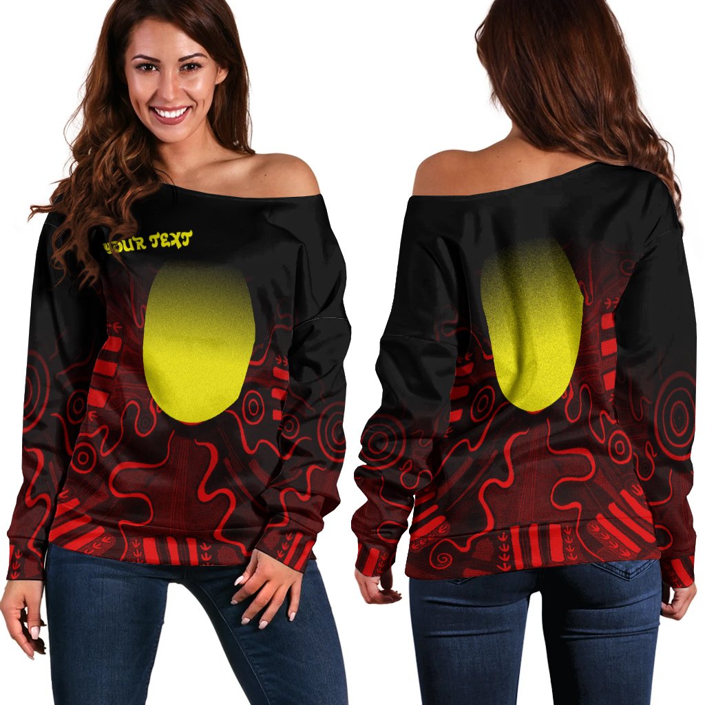 (Custom Text) Aboriginal Women's Off Shoulder Sweater - Indigenous Flag Grunge Style - Vibe Hoodie