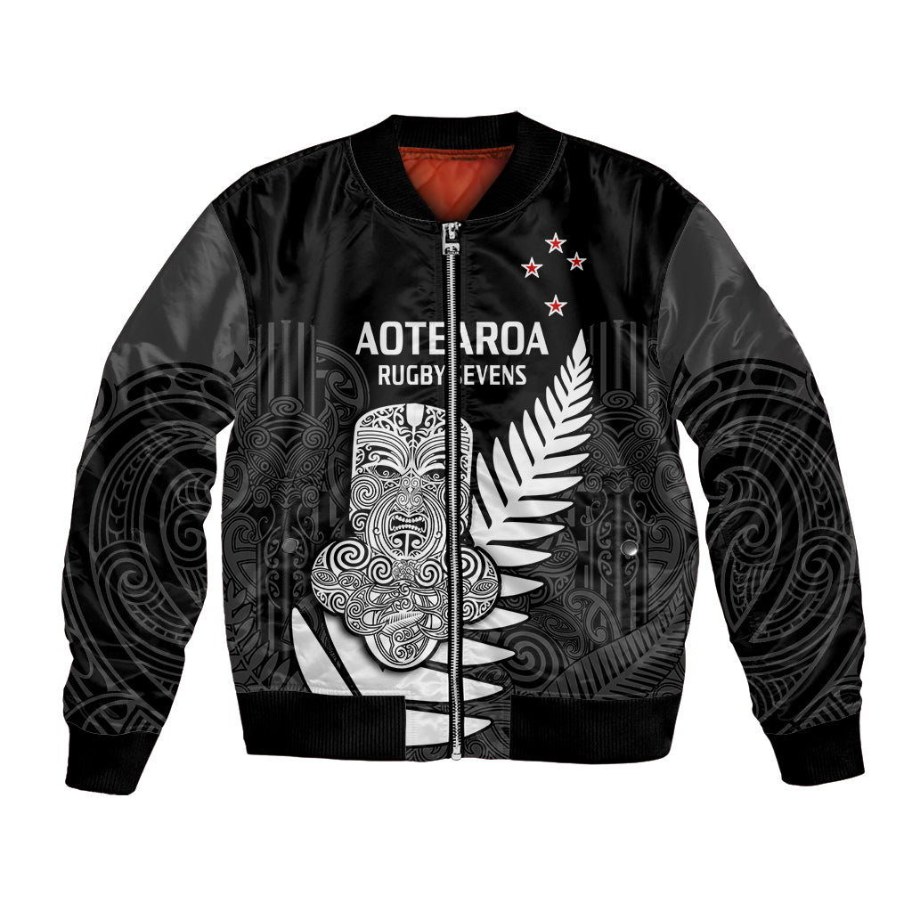 custom-text-and-number-aotearoa-rugby-sevens-all-black-tiki-fern-bomber-jacket