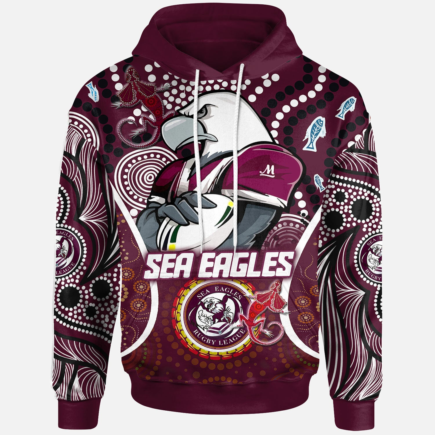 sea-eagles-rugby-hoodie-custom-manly-sea-eagles-mascot-with-aboriginal-art-personalised-player-and-number-hoodie